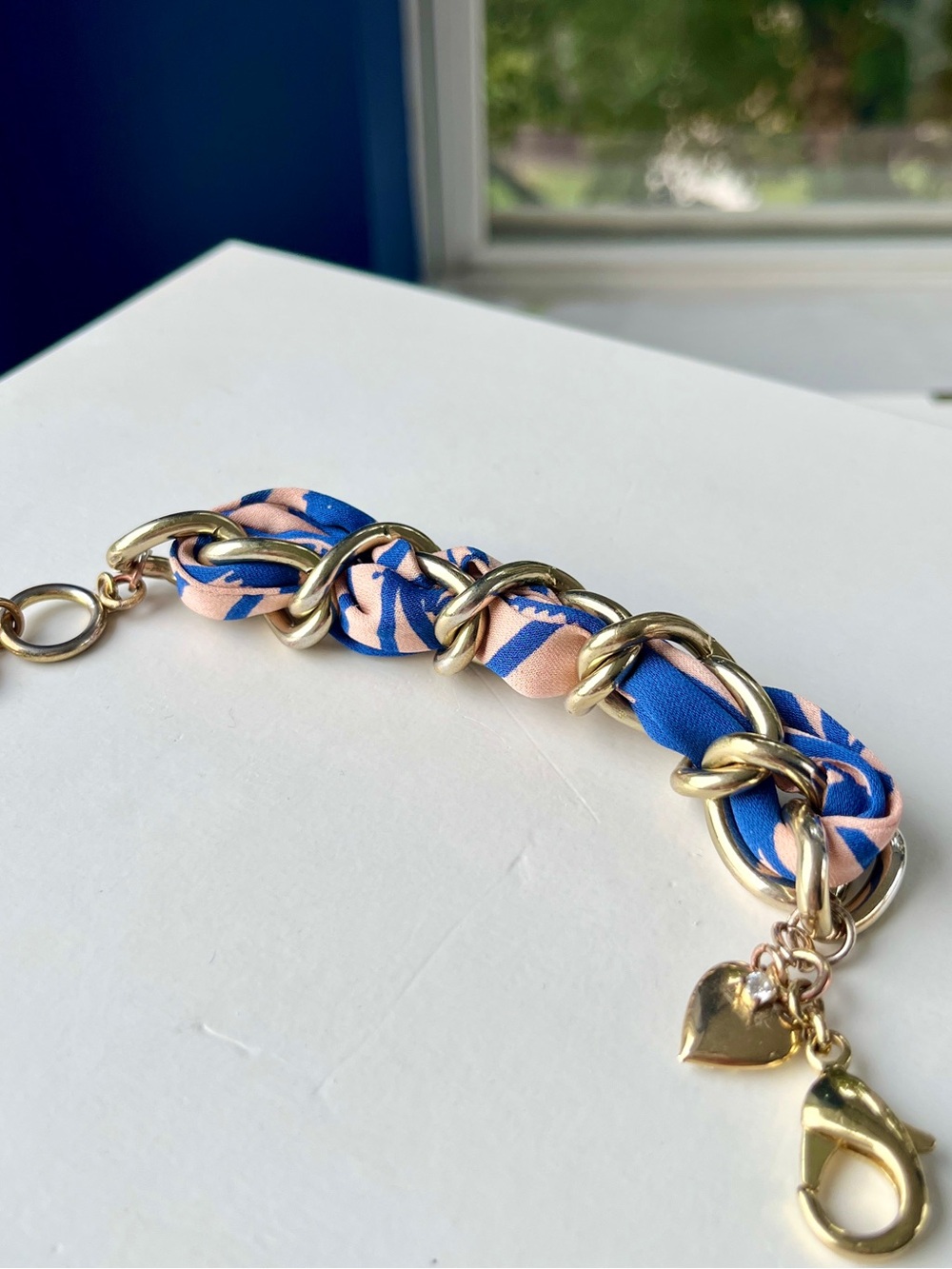 100% Silk & Gold-Tone Link Bracelet w/ 💛 Heart Charm and CZ Accent